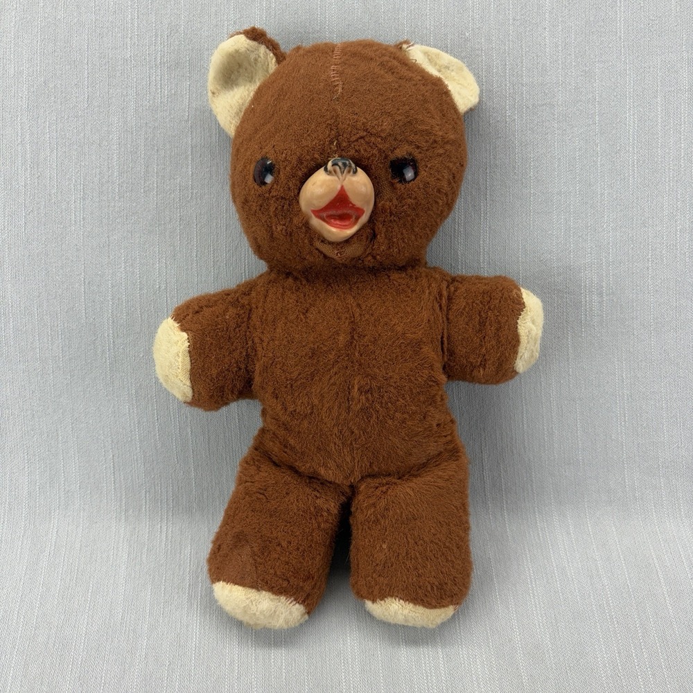 Vintage Teddy Bear Plush Brown Rubber Face Glass Eyes 13" Stuffed Animal